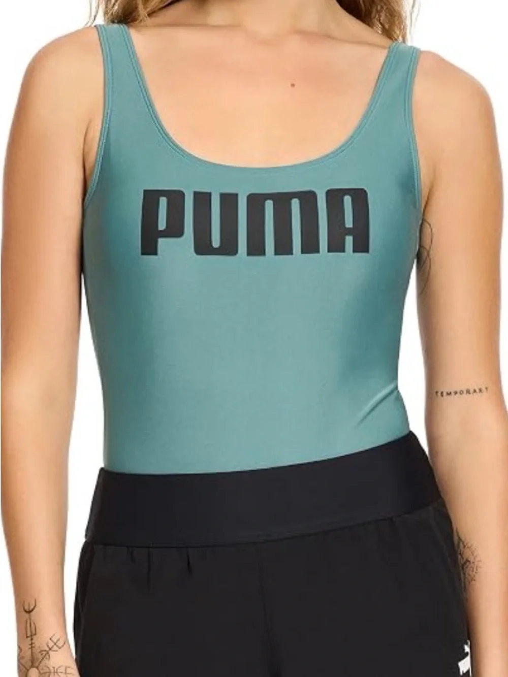 PUMA Teal One-Piece Swimsuit in Teal Green with Black Logo